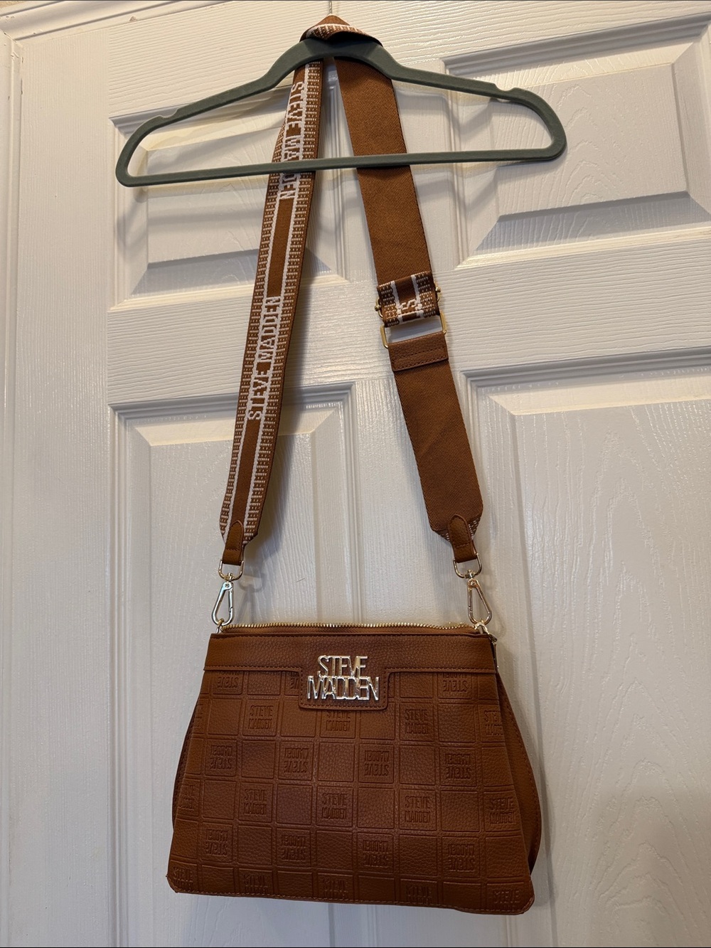 Steve Madden Cognac Embossed Logo Crossbody with Gold Hardware